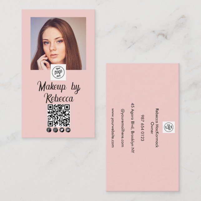 Rosa logotyp med skrift QR-kod Foto Makeup Affärs Visitkort (Fram/baksida)