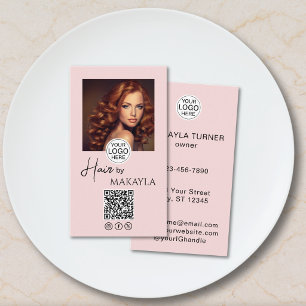 Rosa logotyp med skript QR-kod Foto Hårstylist Visitkort