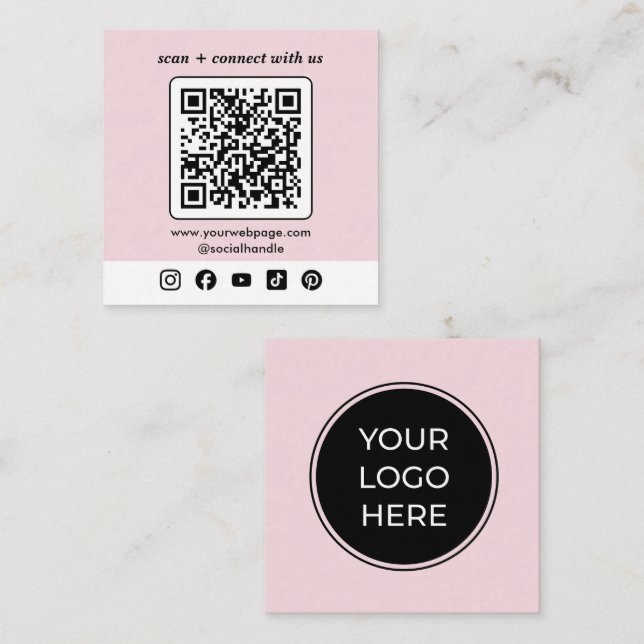 Rosa Logotyp QR-kod Anpassningsbar Social Media Fyrkantigt Visitkort (Fram/baksida)
