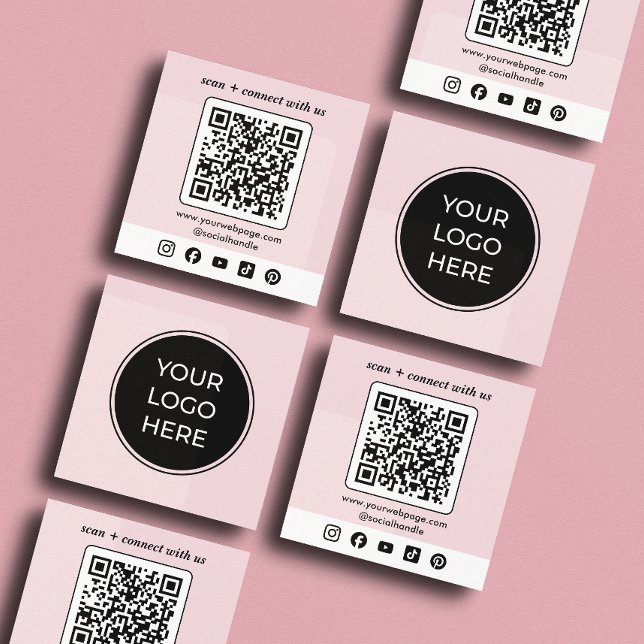 Rosa Logotyp QR-kod Anpassningsbar Social Media Fyrkantigt Visitkort (Front and back of 2.5 inch square business card. Choose a corner and paper style.)