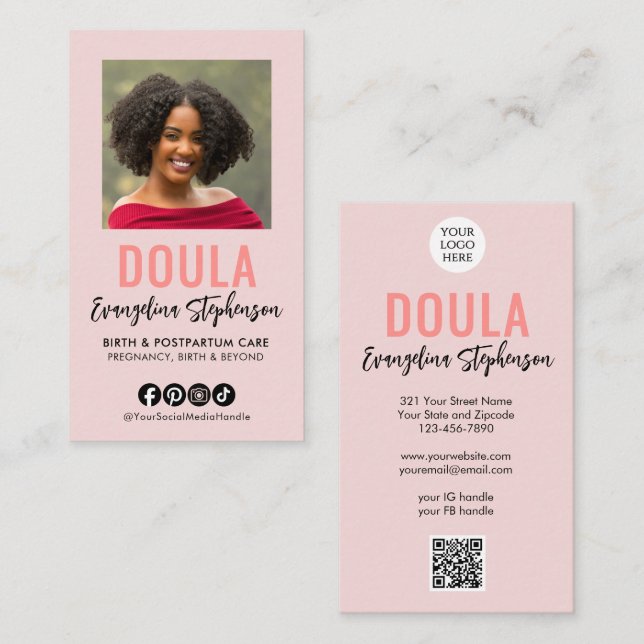 Rosa logotyp QR-kod Foto DOULA Visitkort (Fram/baksida)