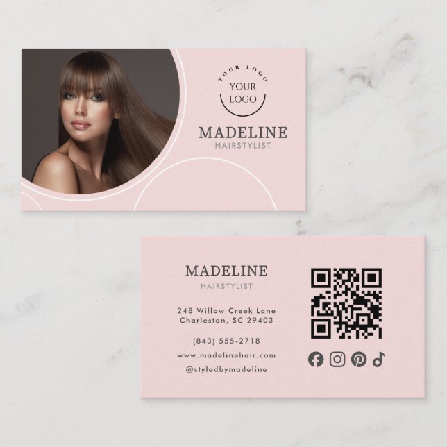 Rosa Logotyp QR-kod Foto Frisör Visitkort (Fram/baksida)