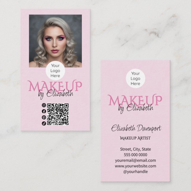Rosa logotyp QR-kod Foto Makeup Visitkort (Fram/baksida)