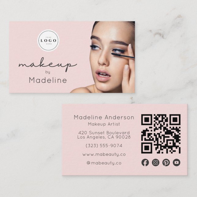 Rosa logotyp QR-kod Foto Makeup Visitkort (Fram/baksida)