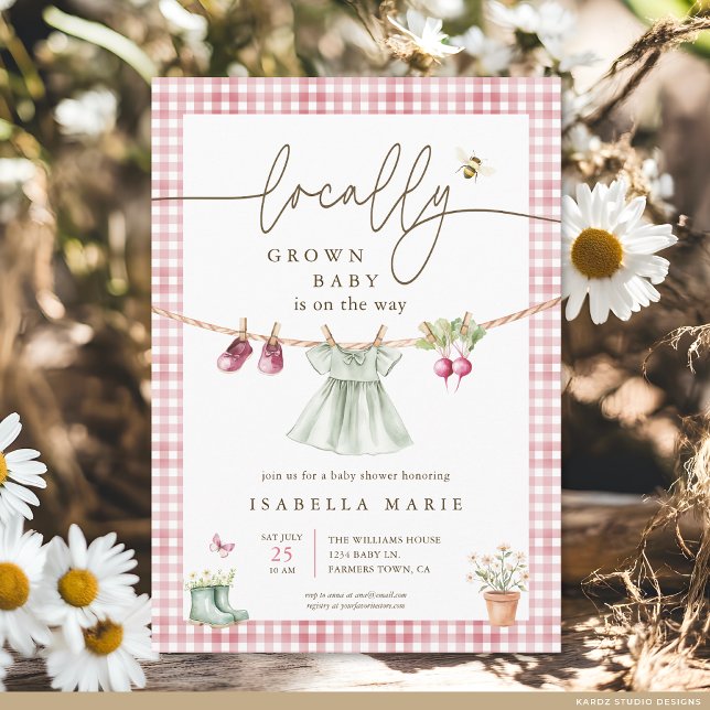 Rosa Lokalt Odlad Babyflicka Bebis Kalas Inbjudningar (The front of the baby shower invite is shown at 5x7-inch size. Choose paper, + corner style.)