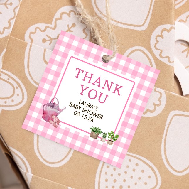 Rosa, lokalt odlad babystödraster gåvor etiketter (Pink Farmers Market Locally Grown Baby Shower Square Favor Tags)