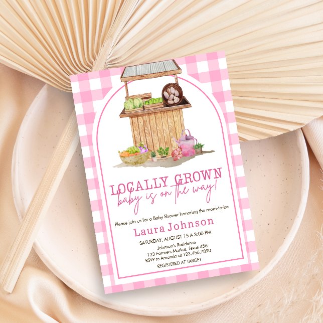 Rosa Lokalt odlad babystövel Inbjudningar (Pink Locally Grown Farmers Market Baby Shower Invitation )