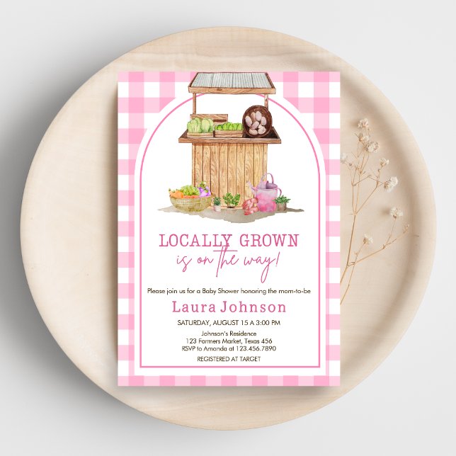Rosa Lokalt odlade lantbrukare Marknadsbabyskor Inbjudningar (Pink Farmers Market Locally Grown Baby Shower Invitation)