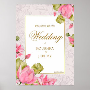 Rosa lotus blommor guldden gräns välkomstskylt poster