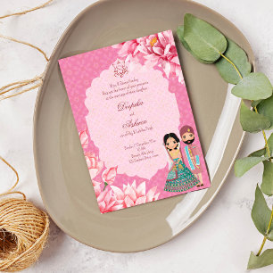 Rosa lotus-blommor med söt indisk möhippa-par inbjudningar