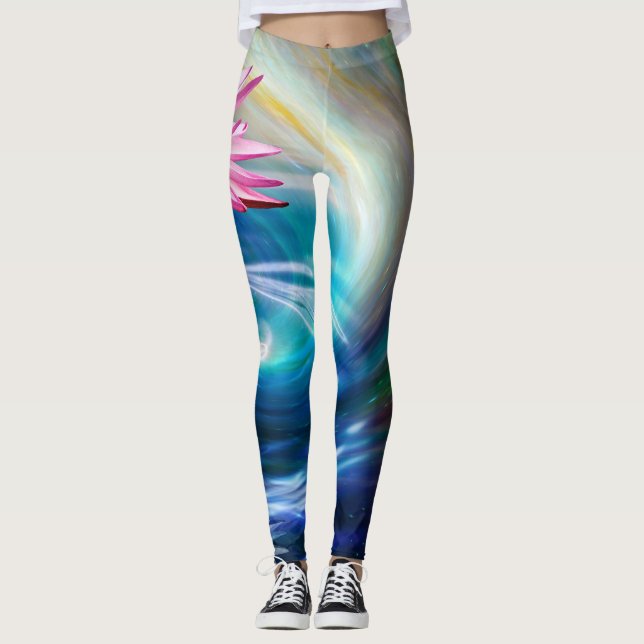 Rosa Lotus Flower Blue White Swirl Leggings (Framsida)