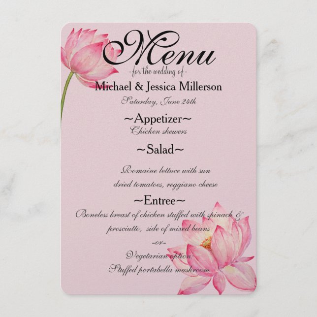 Rosa Lotus Flower Bröllop Menu Meny (Framsida)