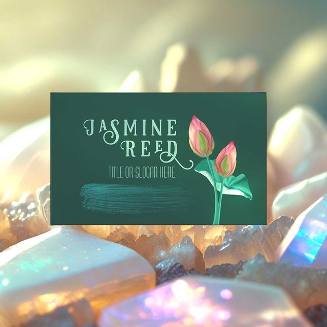 Rosa Lotus Flower Bud for Massage Therapist Grönt Visitkort (If you run a Wellness Business, this hand painted lotus flower business card is for you!)