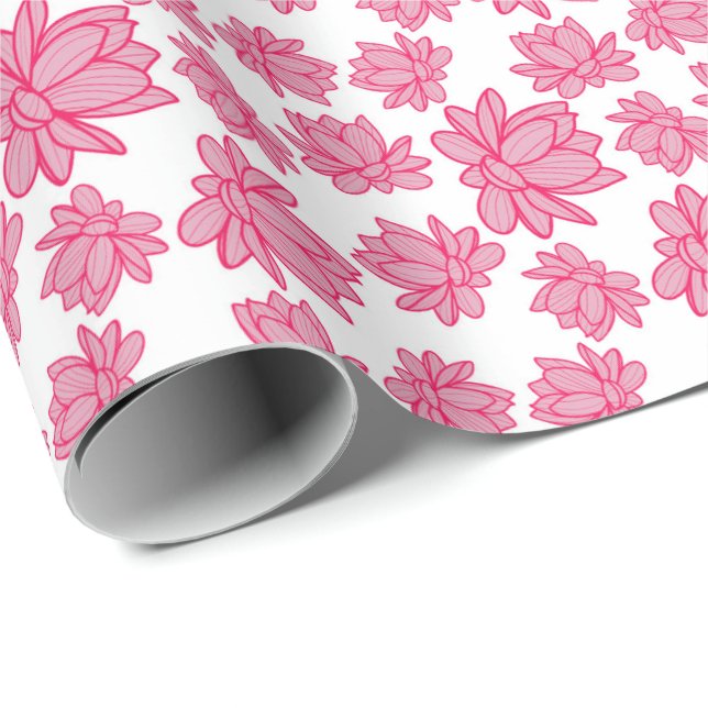 Rosa Lotus Flower Mönster på vit bakgrund Presentpapper (Rullad Hörn)