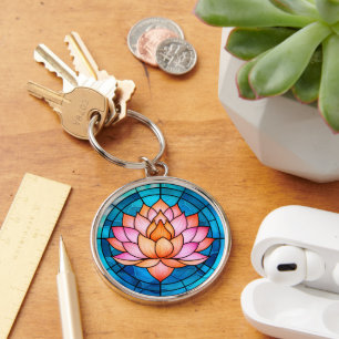 Rosa Lotus Flower Mosaic Stweistat glas Rund Silverfärgad Nyckelring