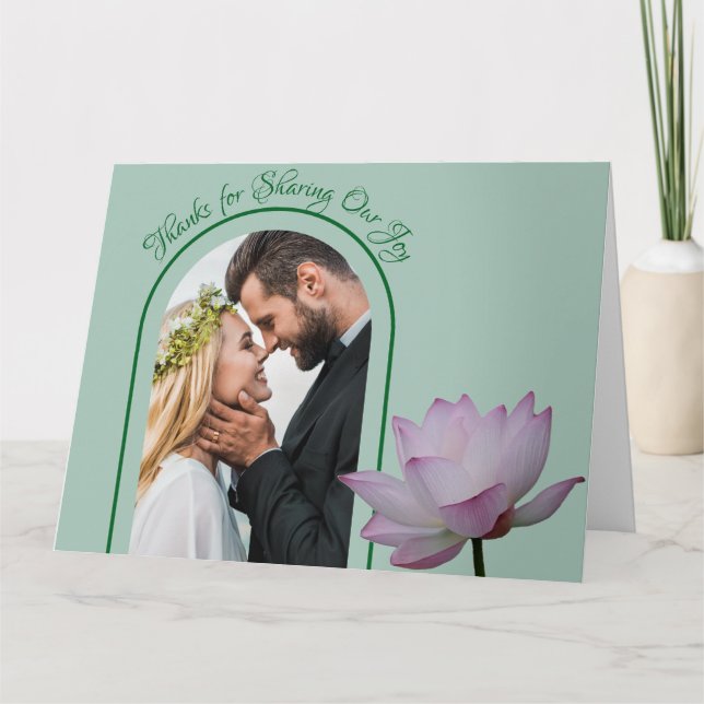 Rosa Lotus Flower och Grönt Bröllop Tack Kort (Framsida)