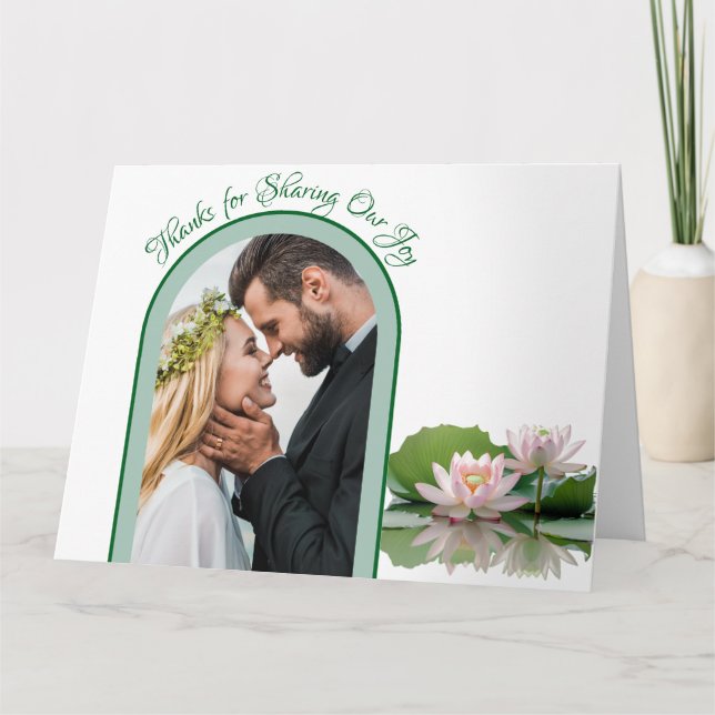 Rosa Lotus Flower och Grönt Bröllop Tack Kort (Framsida)