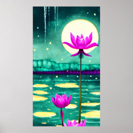 Rosa Lotus Flowers och Full Moon Poster