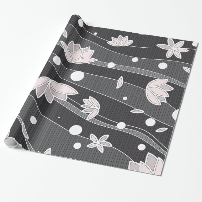 Rosa Lotus Flowers på Black Rand Presentpapper (Utrullad)