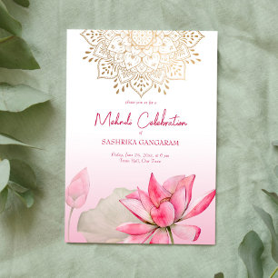 Rosa lotus guld mandala Indian bröllop mehndi Inbjudningar
