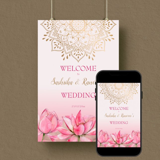 Rosa lotus guld mandala Indian bröllop välkommen Poster (Pink lotus gold mandala Indian wedding editable template welcome sign Poster digital download)