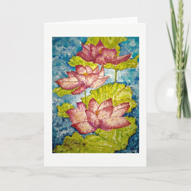 Rosa Lotus Pond Watercolor Art Greeting Card Kort (Framsida)