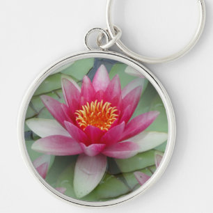 Rosa Lotus Vatten Lily Button Keychain Rund Silverfärgad Nyckelring