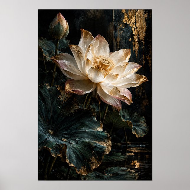 Rosa Lotusblomma med Guldaccent Botanic Poster (Framsidan)