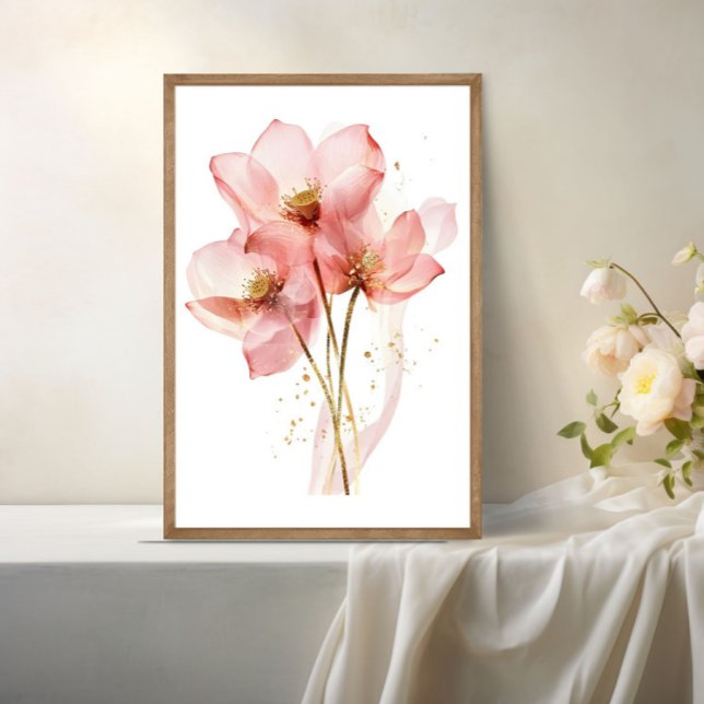 Rosa Lotusblomma Vattenlilja Akvarell Eterisk Poster (Pink Water lily Lotus Flower Watercolor Translucent Wall Art
)