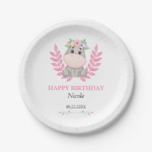 Rosa Löv Cute Hippo Blommigt Grattis på födelsedag