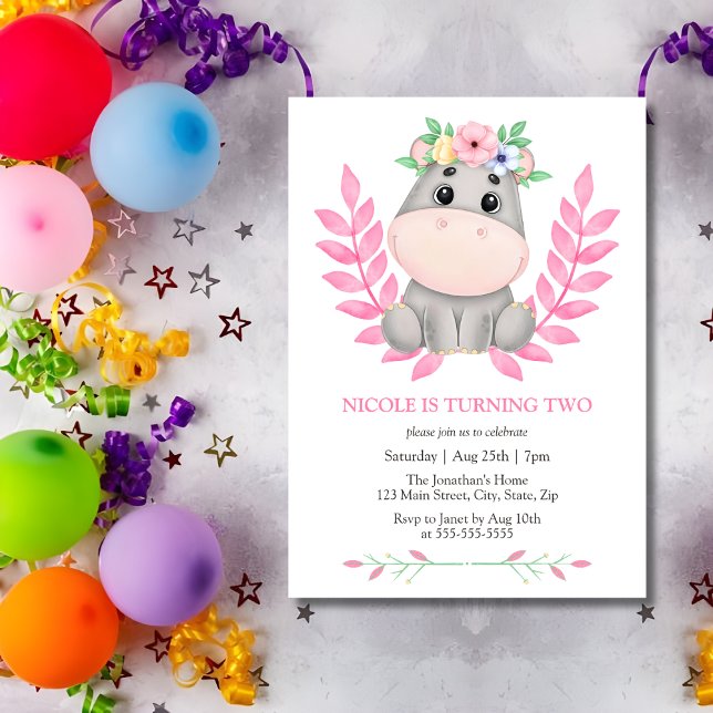 Rosa Löv Cute Hippopotamus Blommigt 2:a födelsedag Inbjudningar (Skapare uppladdad)