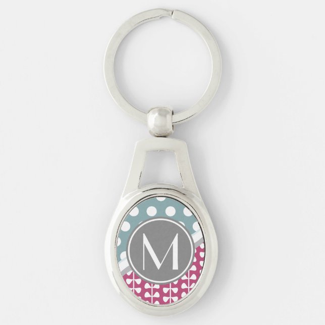 Rosa Löv Dots Anpassningsbar Monogram Oval Keychai Ovalt Silverfärgad Nyckelring (Framsidan)