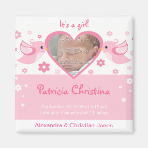 Rosa Love birds Photo Baby Birth Notice Magnet