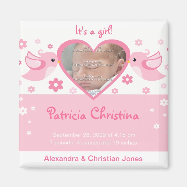 Rosa Love birds Photo Baby Birth Notice Magnet (Framsidan)