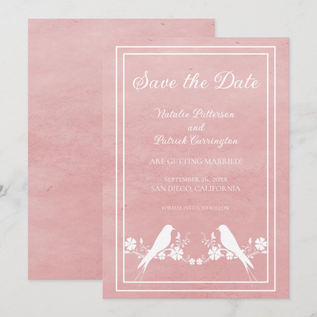 Rosa Lovebird Blommig Save the Date-inbjudan Inbjudningar (Fram/baksida)