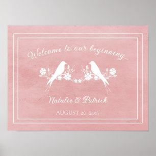 Rosa Lovebird Blommigt Bröllop Poster