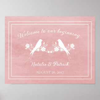 Rosa Lovebird Blommigt Bröllop Poster