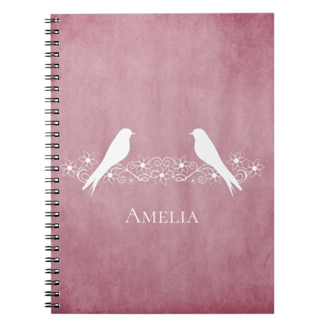 Rosa Lovebird Blommigt Vine Notebook Anteckningsbok (Framsidan)