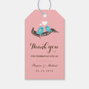 Rosa Lovebird with Small Heart Bröllop Gift Märkre Presentetikett