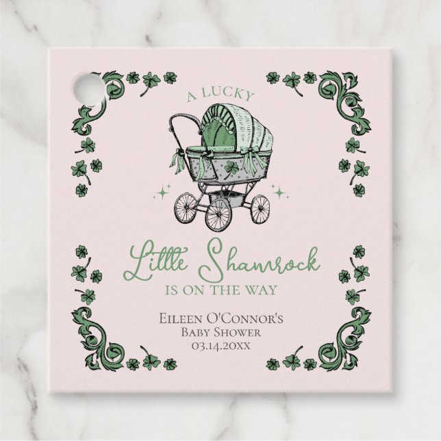 Rosa Lucky Little Shamrock St Patricks Baby Shower Gåvor Etiketter (Framsida)