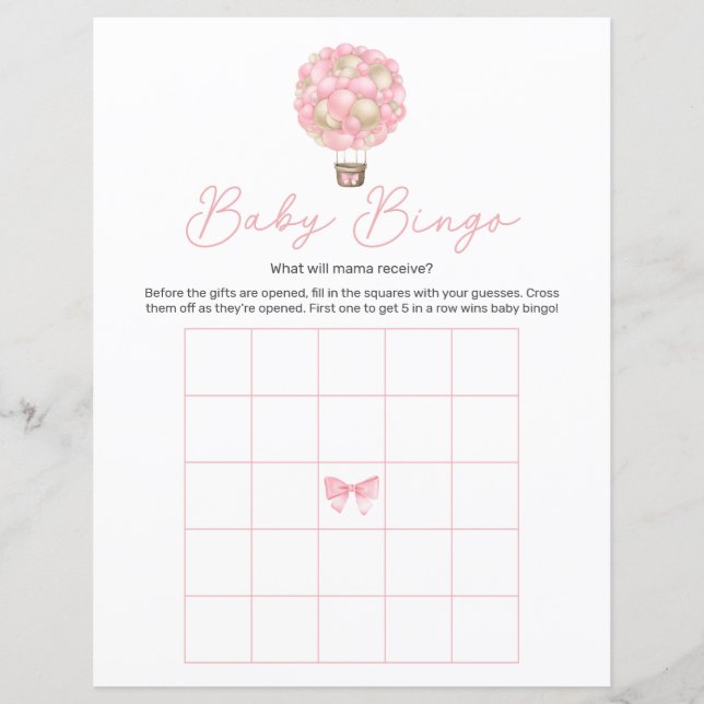 Rosa Luftballong Baby Shower Bingo Game (Framsida)
