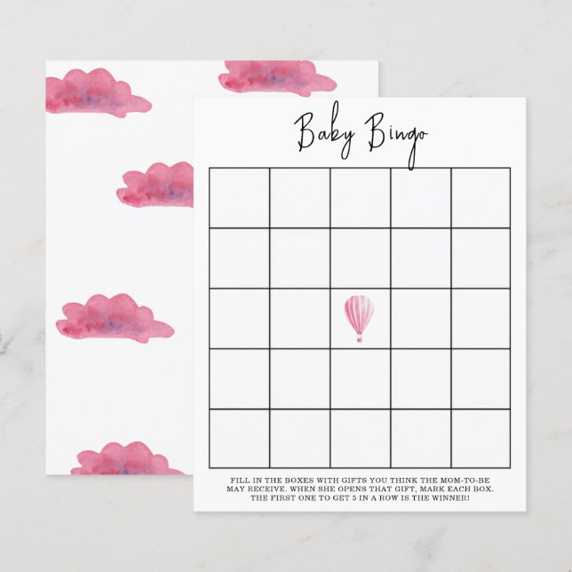 Rosa luftballong - Baby shower bingo spel (Fram/baksida)
