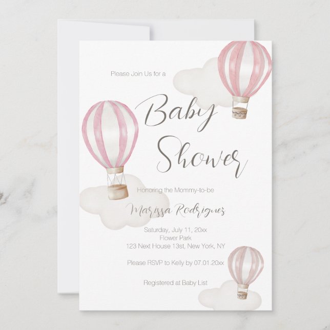 Rosa Luftballong Baby Shower Girl Inbjudningar (Framsida)