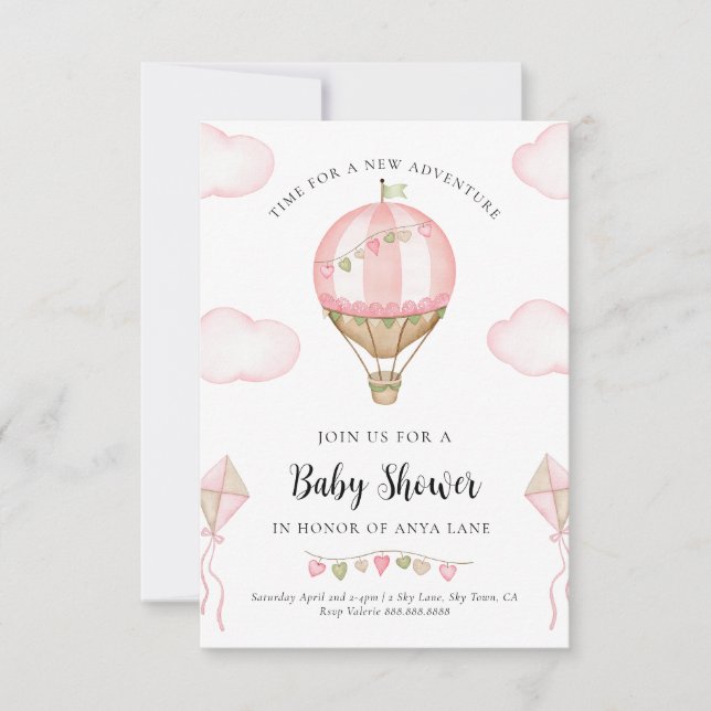 Rosa Luftballong Baby Shower-inbjudan Flickor Inbjudningar (Framsida)