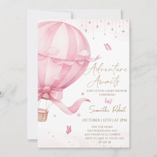 Rosa Luftballong Baby Shower Inbjudningar (Framsida)
