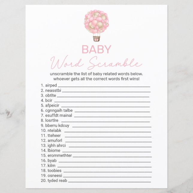 Rosa Luftballong Baby Shower Ord Scramble (Framsida)