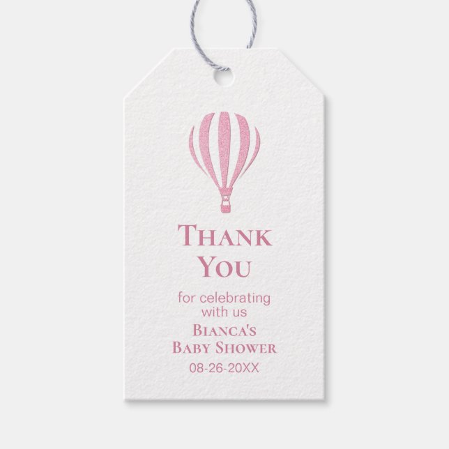 Rosa Luftballong Baby Shower Tack Presentetikett (Framsidan)
