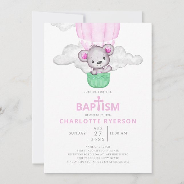 Rosa Luftballong Bear Girl Baptism Inbjudningar (Framsida)