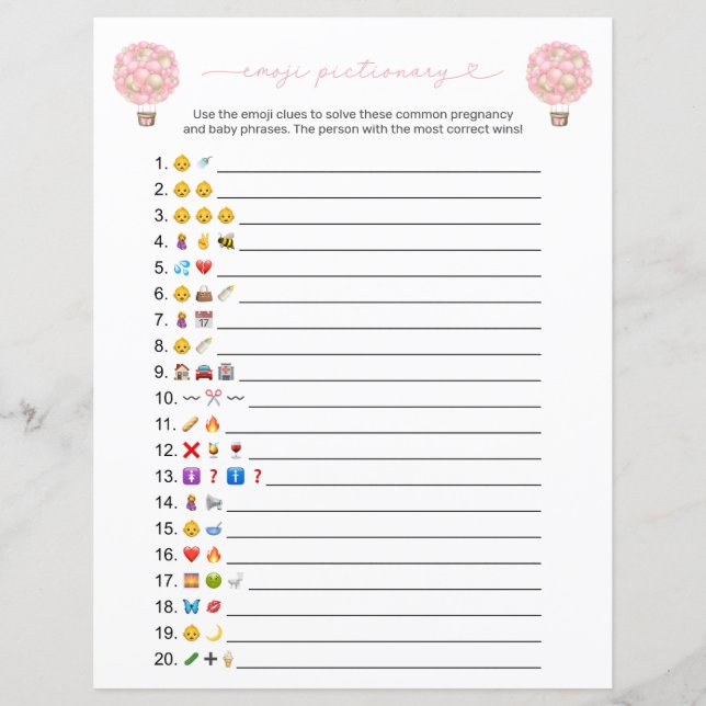 Rosa Luftballong Emoji Baby Shower Game (Framsida)