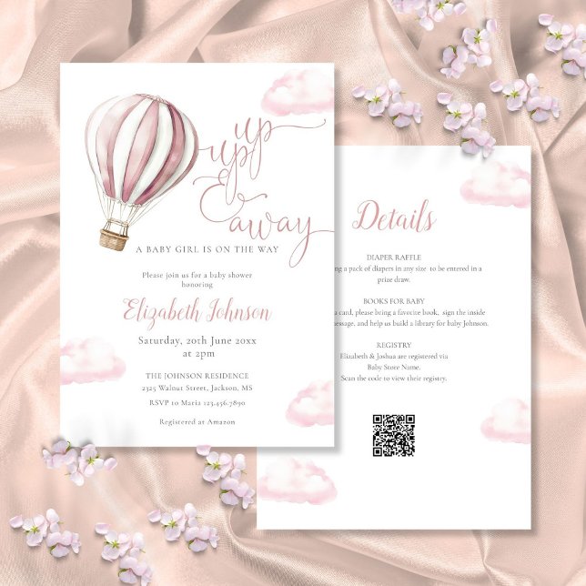 Rosa Luftballong Girl alla in one Baby Shower I Inbjudningar (Pink Hot Air Balloon Girl All In One Baby Shower I Invitation)